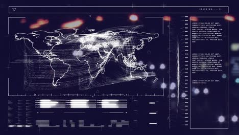 animación del procesamiento de datos en pantalla digital con mapa del mundo sobre el tráfico vial nocturno