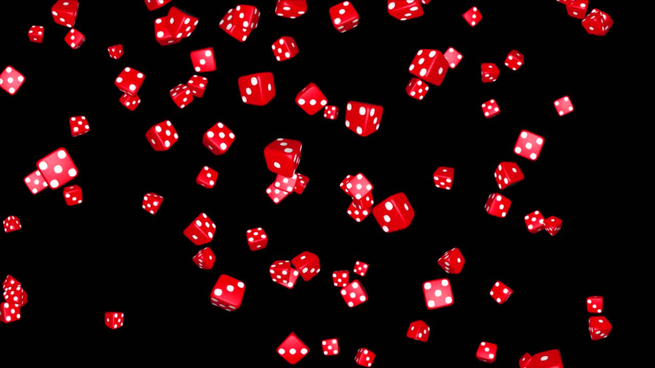Røde casinoterninger ruller på sort loop-baggrund, 3D-spil med terninger, casinoterningkast
