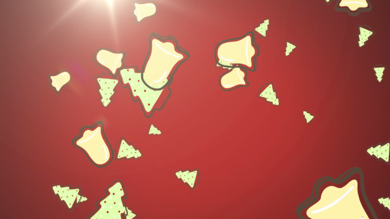 animación de decoraciones de campanas de navidad que caen con luz brillante sobre un fondo rojo
