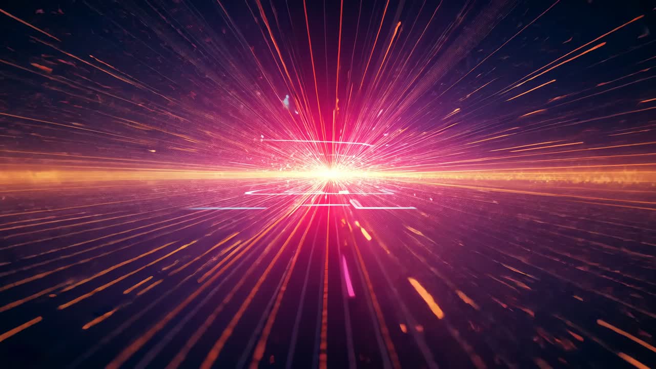 Animating white-pink core radiating amber-pink streaks and luminous bars in void, drifting sparks