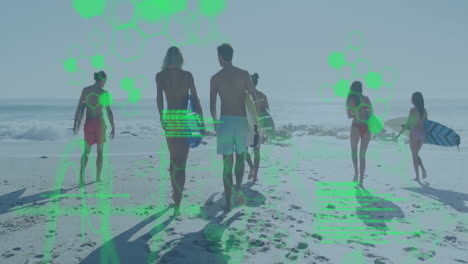 Group-of-surfers-walking-on-beach-with-green-data-processing-animation-over-them