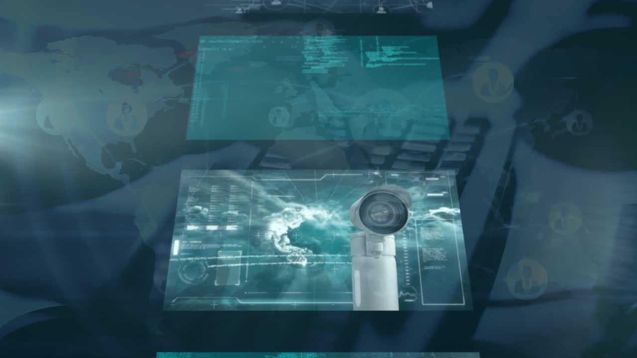 animación de pantallas de computadora con cámara sobre persona escribiendo en el teclado de la computadora en el fondo.