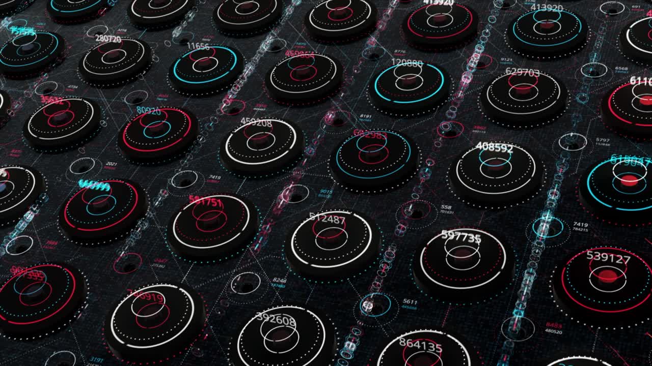 미래의 기술적 추상적인 모션 배경, 원활한 루프, 애니메이션, 같은 크기의 원을 회전시키고 숫자를 바꾸는 끝없는 에너지 줄.