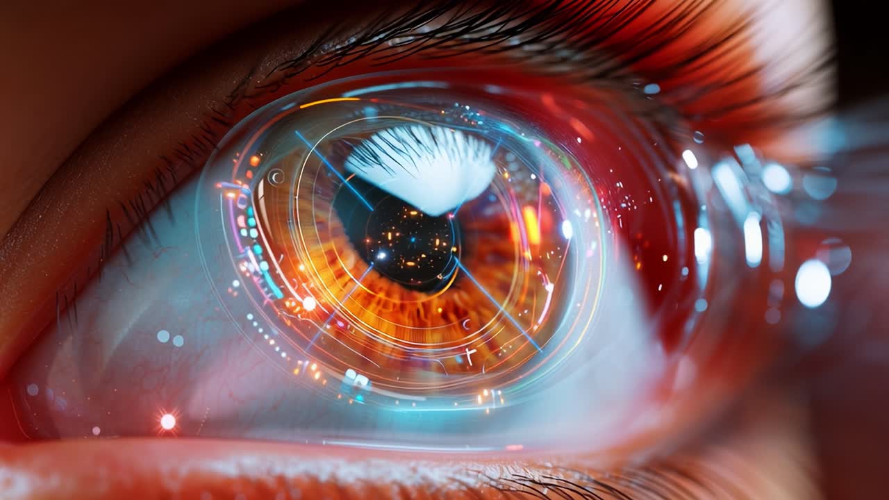 A close-up exploration of a futuristic human eye with vibrant colors and intricate digital circuitry reflecting within the iris, symbolizing advanced technology and human potential interwoven in harmony