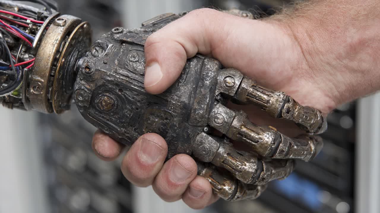 A Close Encounter: The Moment of Connection Between Human and Robotic Hands, Symbolizing the Fusion of Technology and Humanity