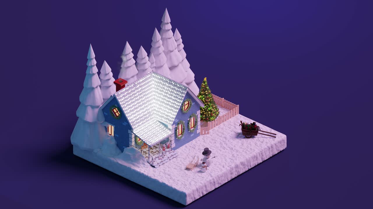 House in the middle of the snowy forest in winter in isometric. 3d animation loop christmas concept