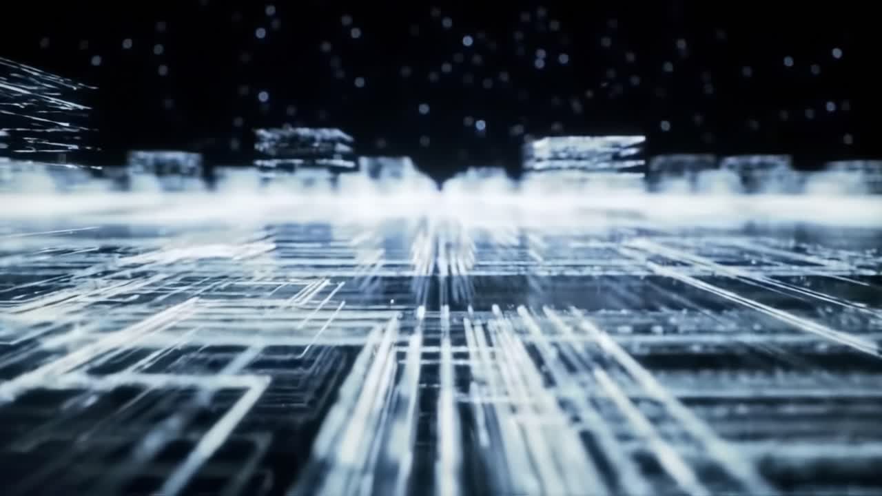 Futuristic Digital Landscape: An Intricate Network of Lines and Structures Representing Technology and Connectivity in a High-Speed Visual Journey