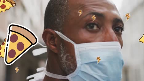 Animation-Mehrerer-Pizza-Symbole-über-Der-Nahaufnahme-Eines-Afroamerikanischen-Mannes,-Der-Eine-Gesichtsmaske-Trägt