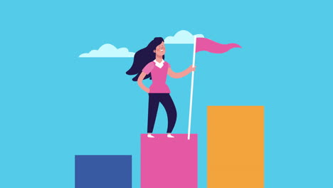 mujer de negocios con éxito bandera y barras de estadísticas animadas
