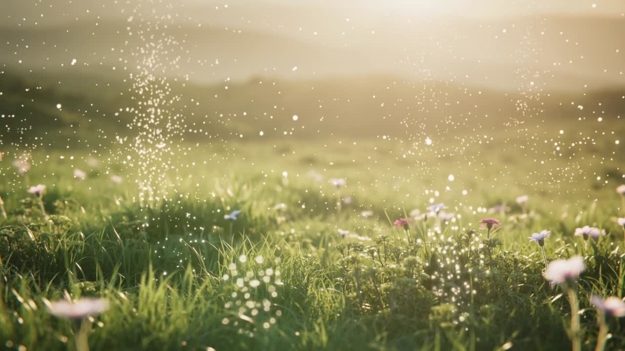 Partículas iluminadas pelo sol nascendo sobre a grama e as flores no prado, flutuando para cima, abanando com a brisa que agita o ar