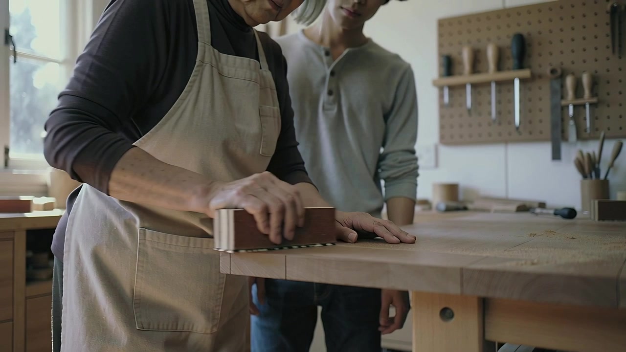 Sanding senior woman wearing apron teaching learner using sanding block at bench with board clamped