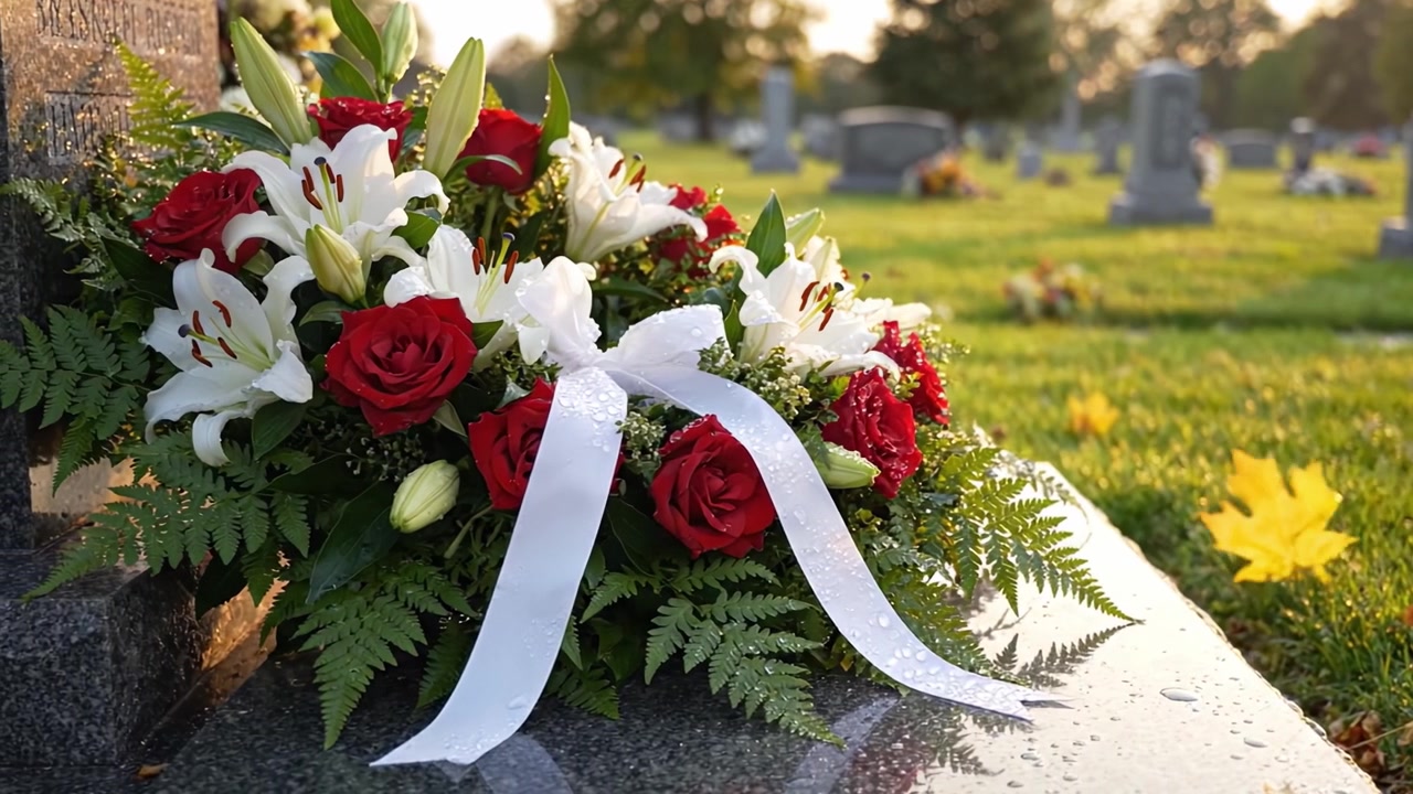 Bella composizione floreale con rose rosse e gigli bianchi che adornano una tomba in un cimitero sereno durante l'ora d'oro