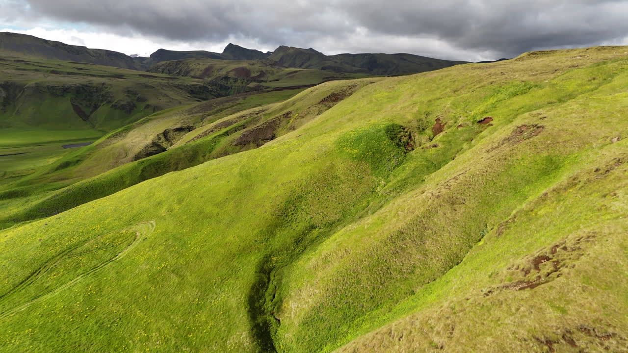 Vista aerea da drone del suggestivo canyon di Mýrdalshreppur con profonde gole vulcaniche, scogliere coperte di muschio e un fiume tortuoso che attraversa le vivide terre alte verdi nell'Islanda meridionale