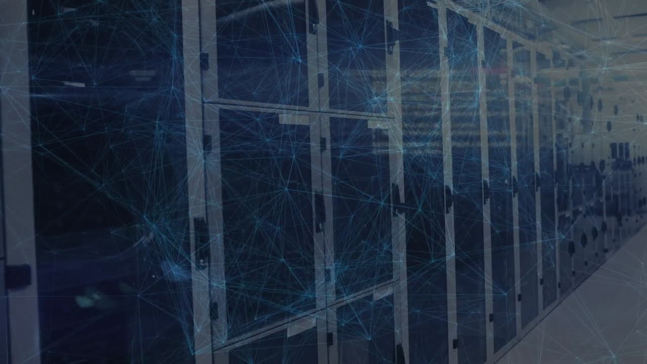 Animation of data processing and network of connections over server room