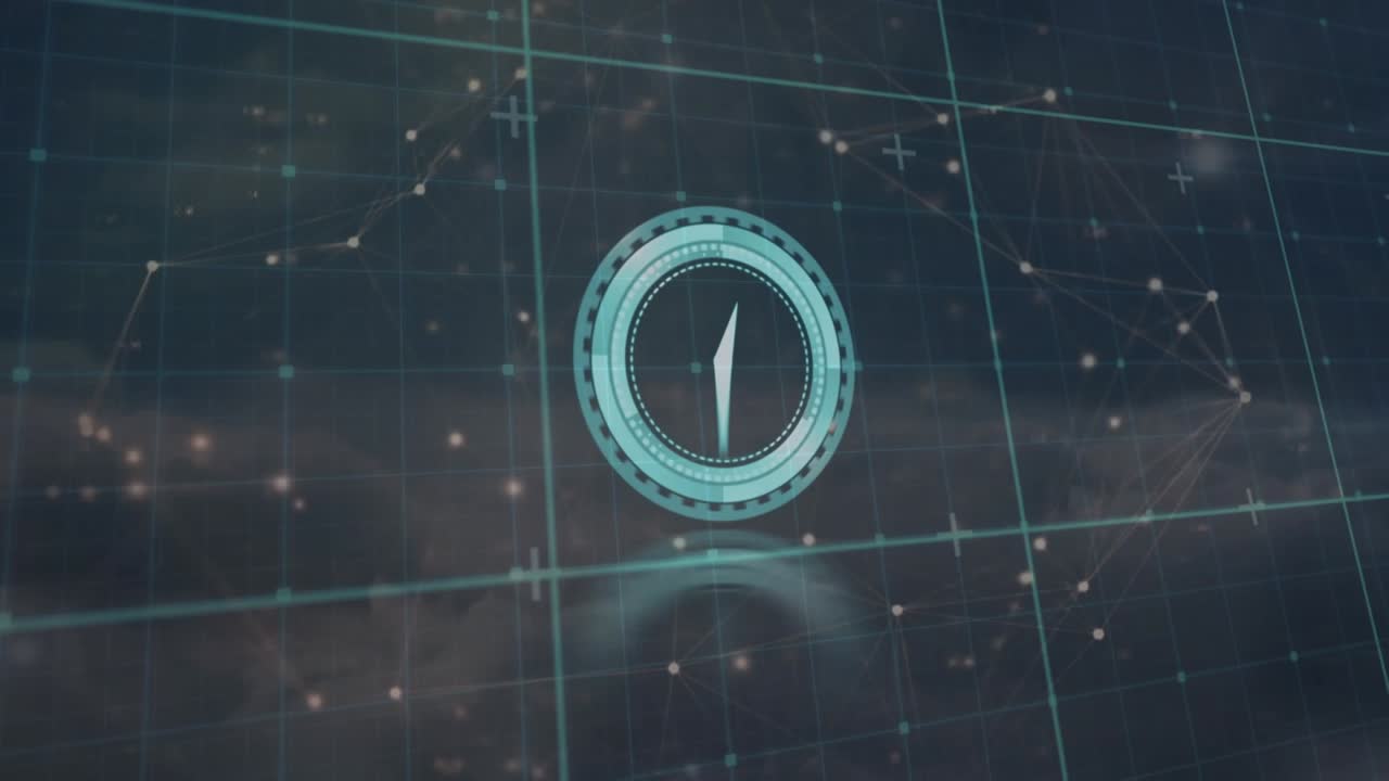 Animation of clock and network of connections over sky with clouds