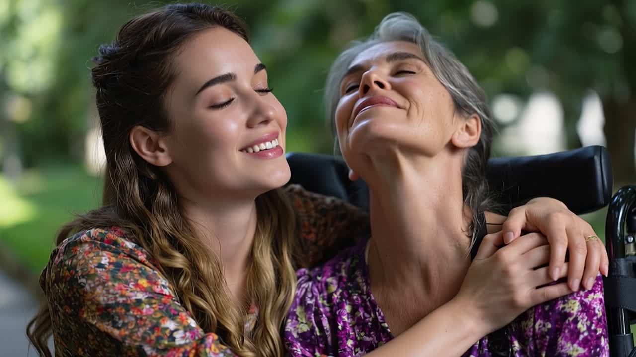Young woman kisses elderly woman's cheek softly. Elderly woman smiles gently, eyes closed in peace. Young woman hugs her, showing deep affection. Both women appear content, enjoying quiet connection