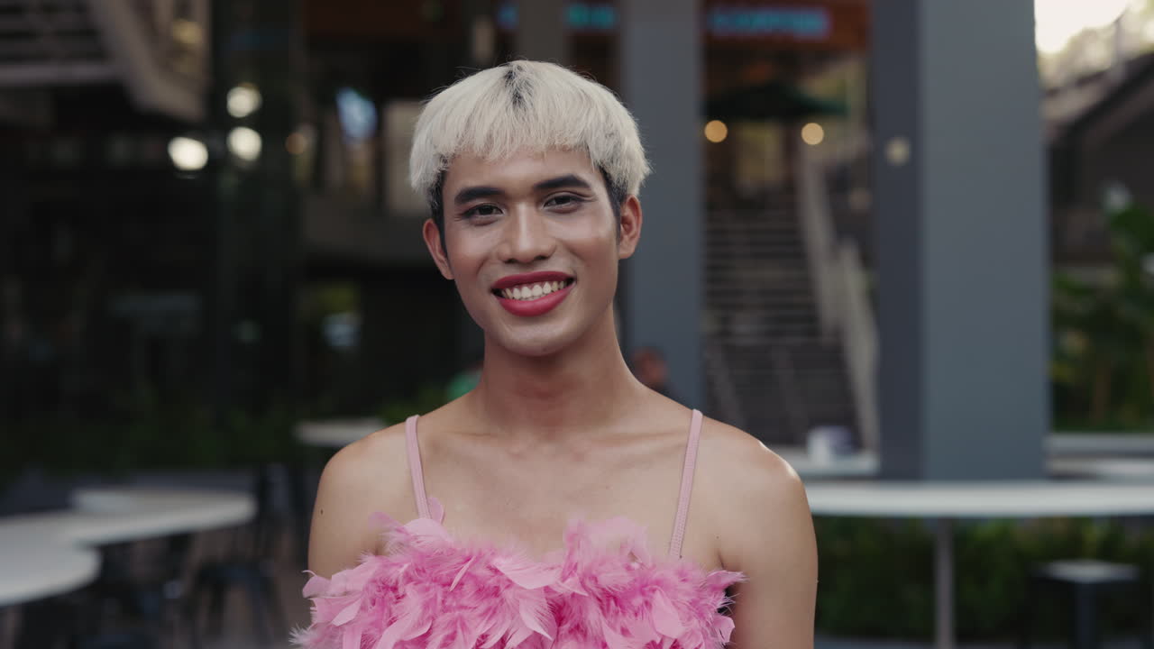 Happy Person in Pink Feathers