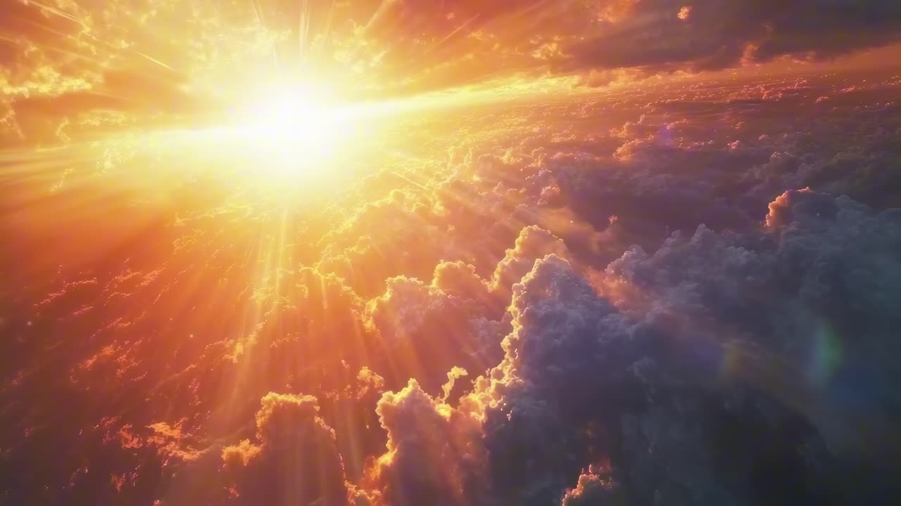 A breathtaking aerial video captures the sun's rays piercing through dramatic clouds