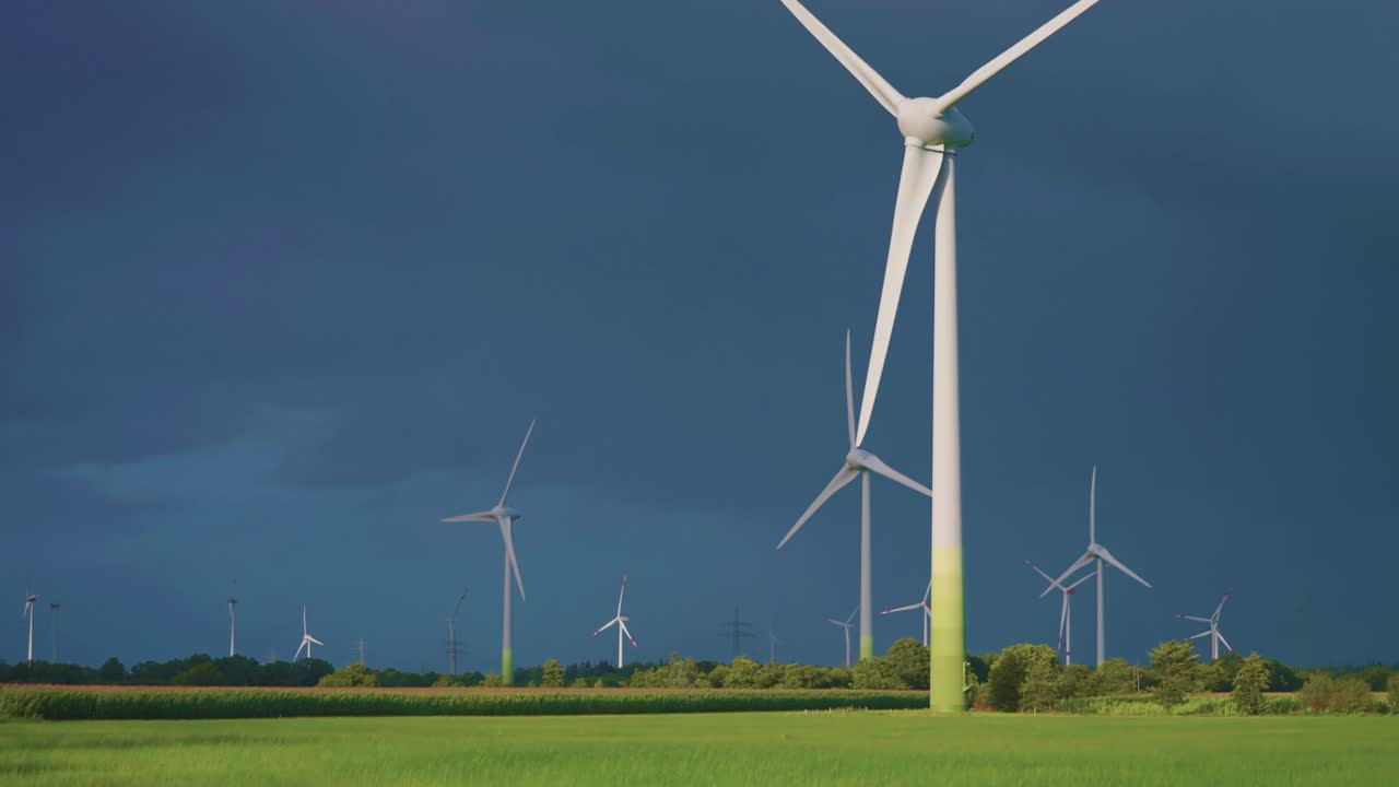 어두운 폭풍우 하늘의 배경에 회전하는 풍력 터빈