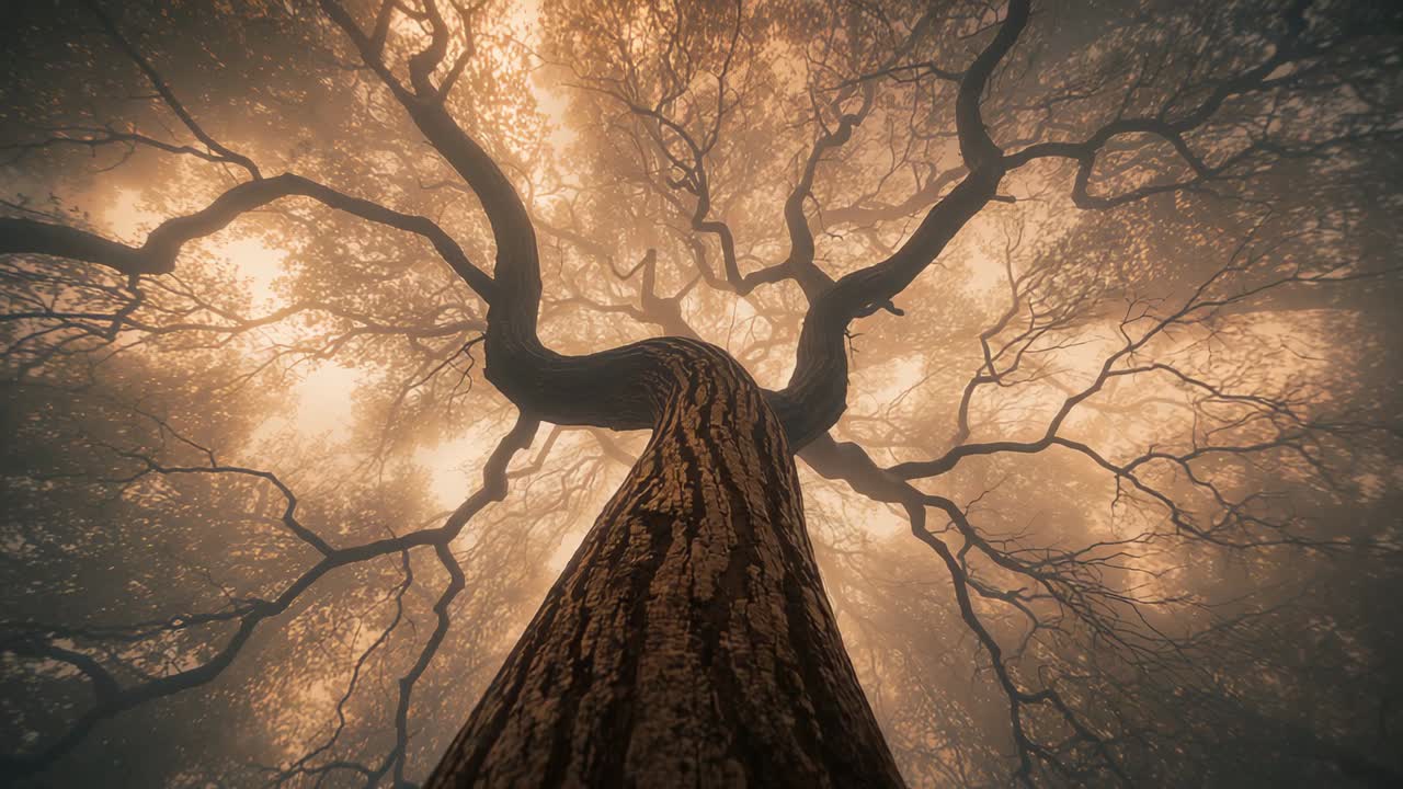 Ascending camera revealing single mature tree trunk from forest floor, showing canopy glowing mist