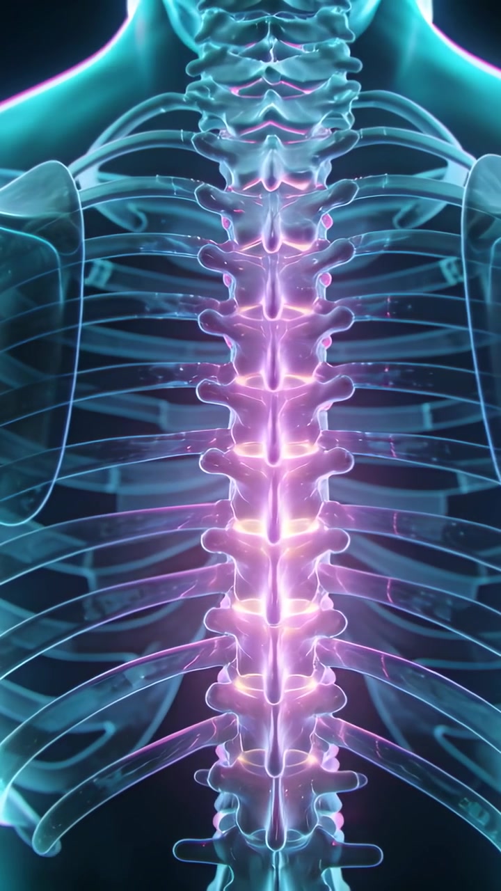 Video vertical: Modelo torácico 3D abriéndose y girando mientras pulsan discos en vista posterior para la enseñanza.