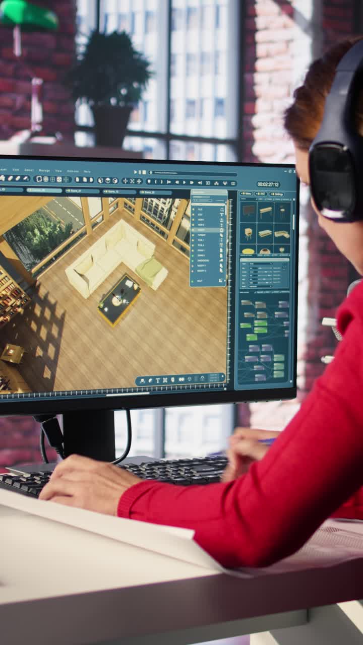 Vertical Video Female employee creates 3D render of an apartment interior using blueprints