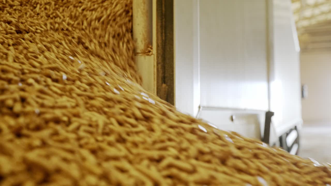 Endless stream of pellets flowing through machinery, eco energy production