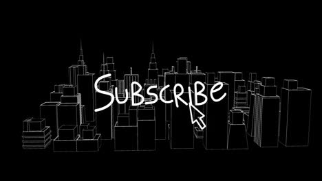 animation of subscribe text with cursor hovering over black and white cityscape