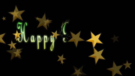 animation of floating golden stars and happy birthday on black background