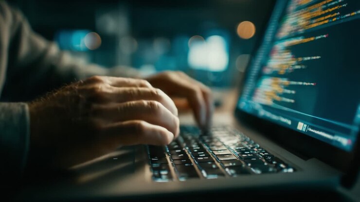 A Close-Up View of Focused Hands Typing Code on a Laptop, Illuminated by the Screen's Glow, Showcasing the World of Programming and Technology