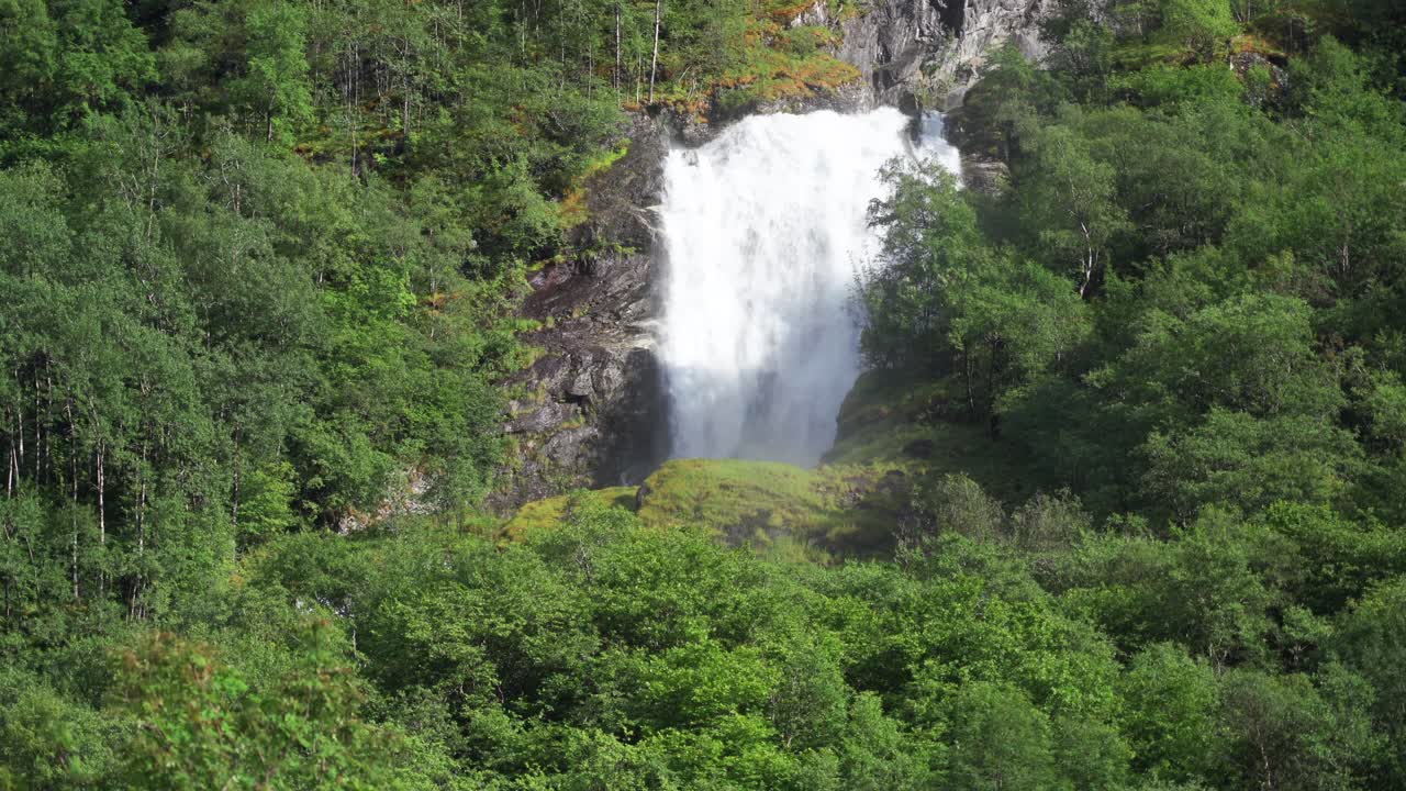 una de las muchas hermosas cascadas del naeroyfjord, escondida en la ladera de la montaña cubierta de bosque