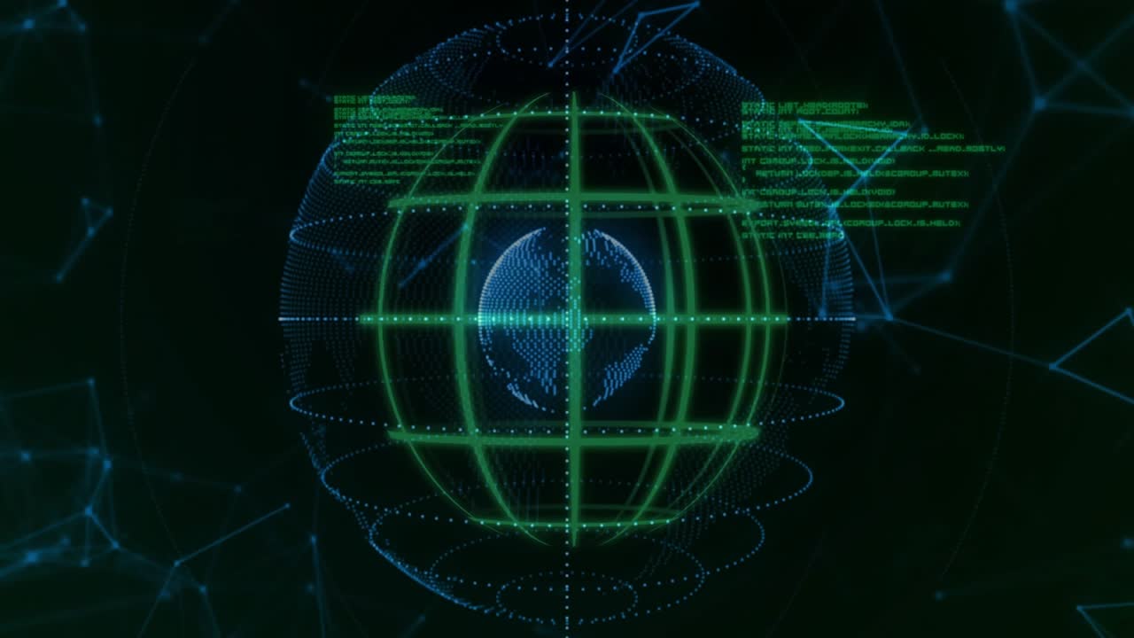 Sphere appearing in dark void, grid enveloping it, rings spiraling and code scrolling showing data
