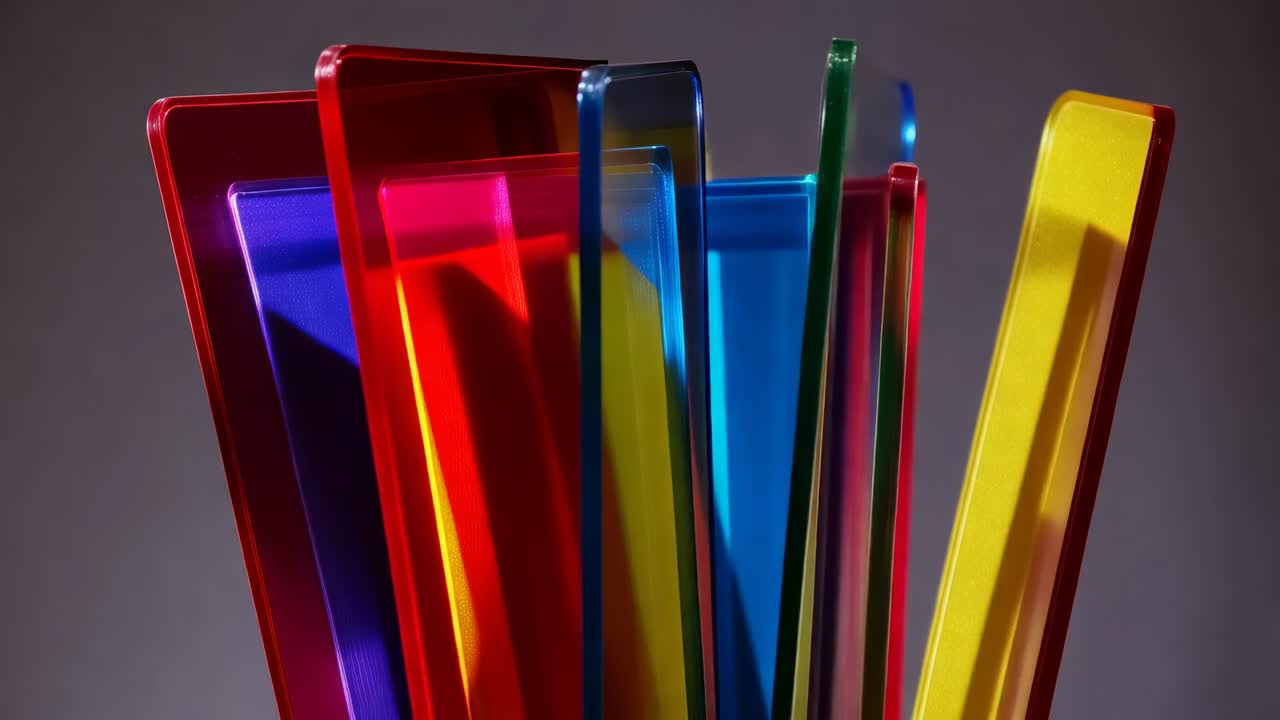 Painéis de acrílico coloridos rotativos com sobreposições variáveis em estúdio, montagem invisível criando camadas de cores