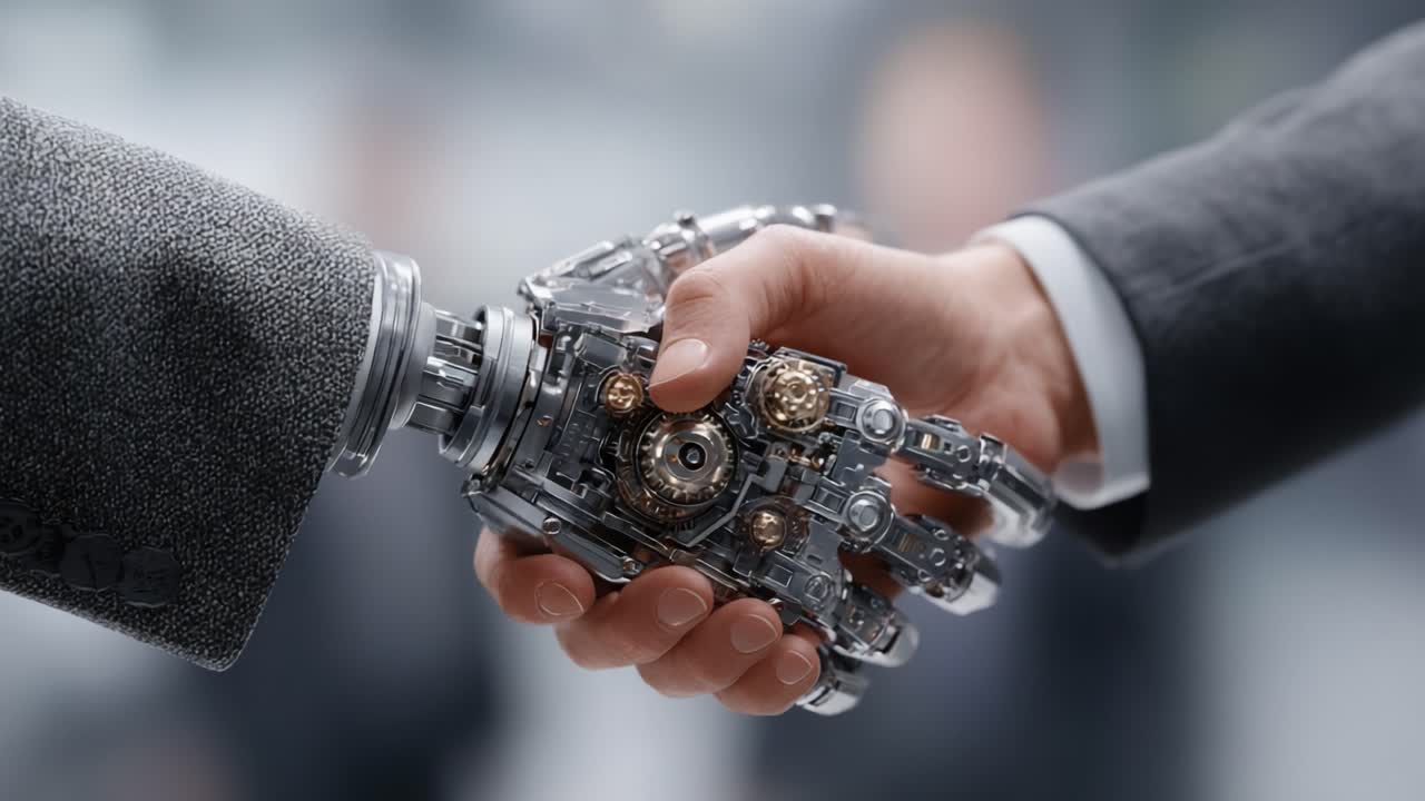 A Transformative Moment: A Human and Robot Shake Hands, Symbolizing the Convergence of Technology and Humanity, with Intricate Mechanisms on Display