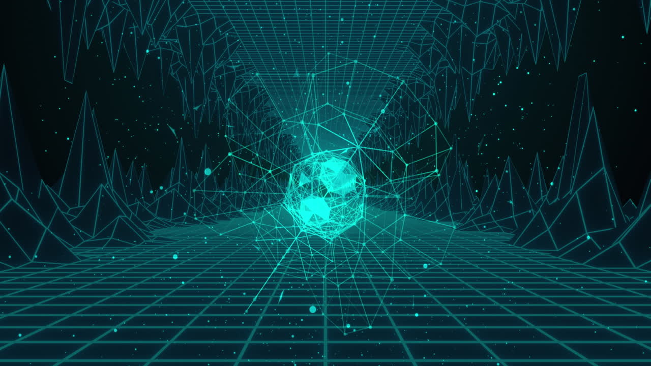 Animation of network of connections over digital mountains on black background