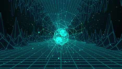 animation of network of connections over digital mountains on black background