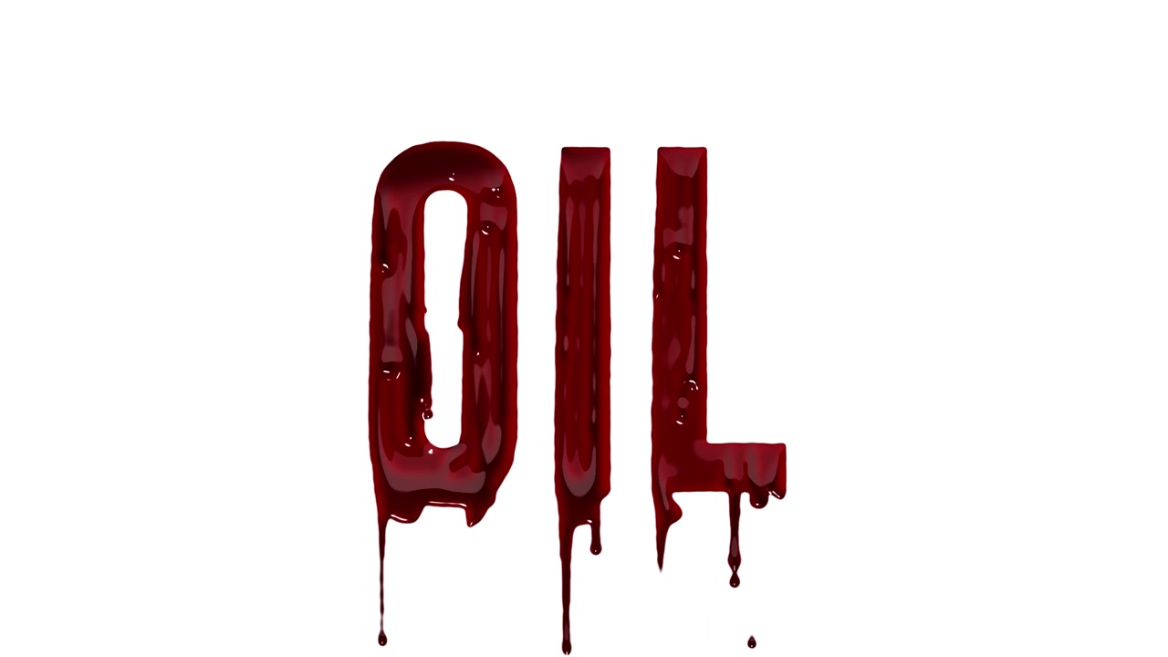 The word OIL is dripping, rendered in a striking red color, symbolizing the petroleum or fossil fuel industry