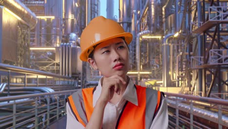 close up of asian female engineer with safety helmet thinking and looking around then raising her index finger while standing at a vast oil refinery