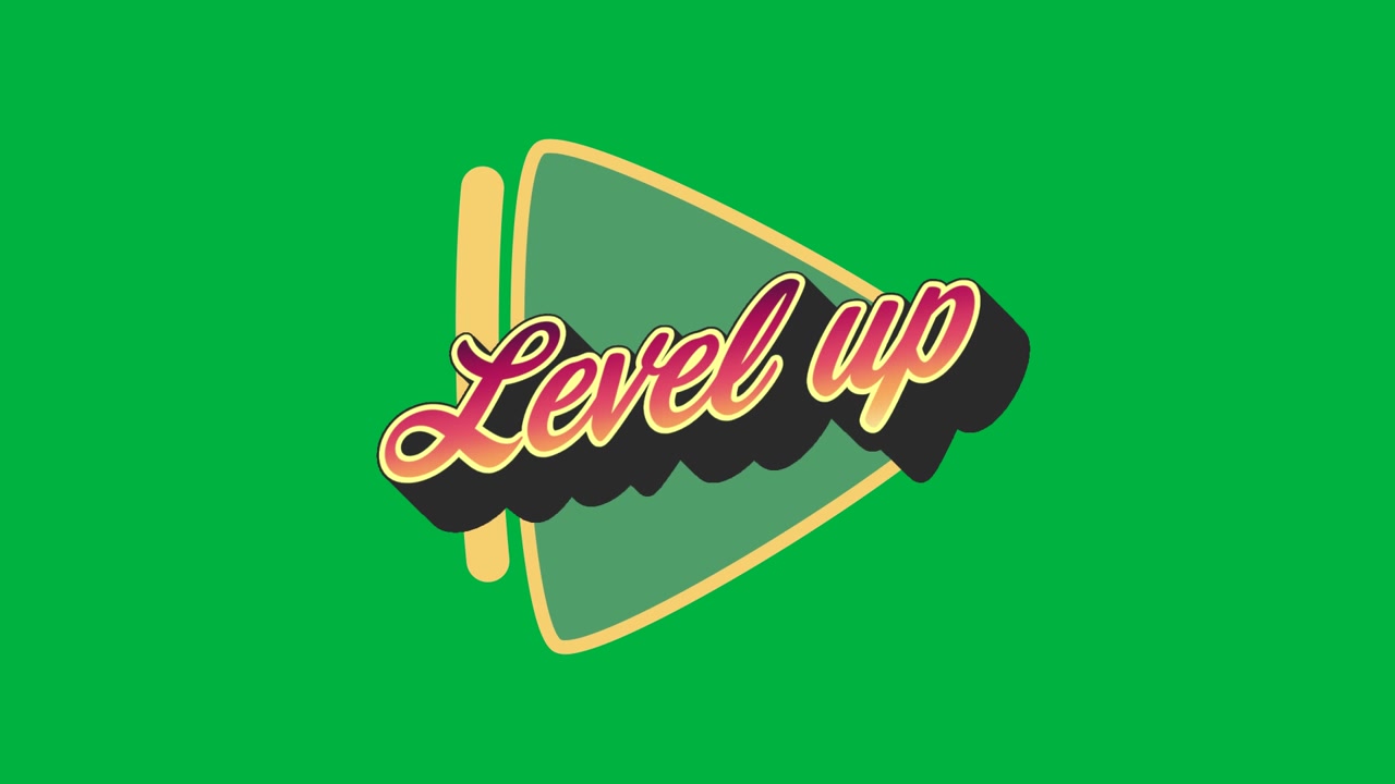Video digitale mostra il testo "level-up" con sfumatura su un triangolo verde, che simboleggia il gaming globale.