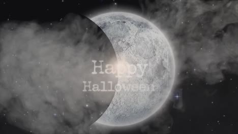 animation of happy halloween text over moon and smoke on sky