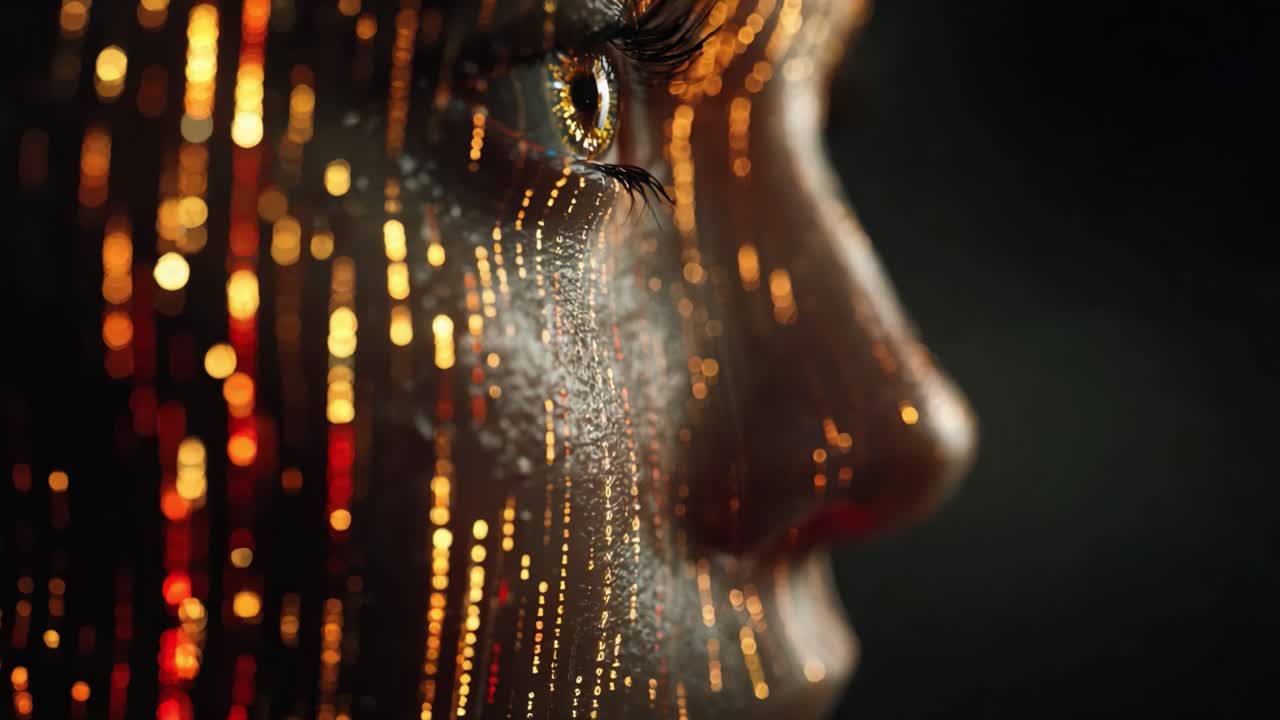 A captivating visual expression showcasing a close-up of a person's face illuminated by mesmerizing streams of light, creating a stunning interplay of shadows and vibrant colors against a dark backdrop