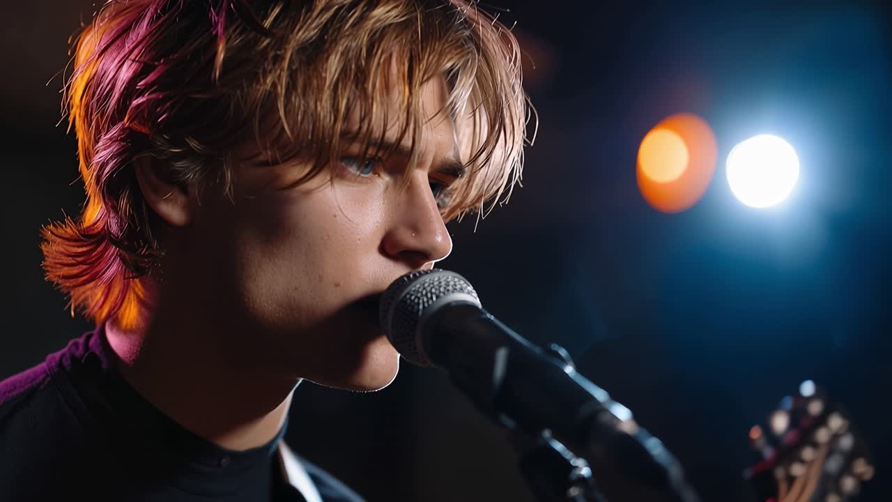 Young Man Singing into Microphone on Stage with Dramatic Lighting