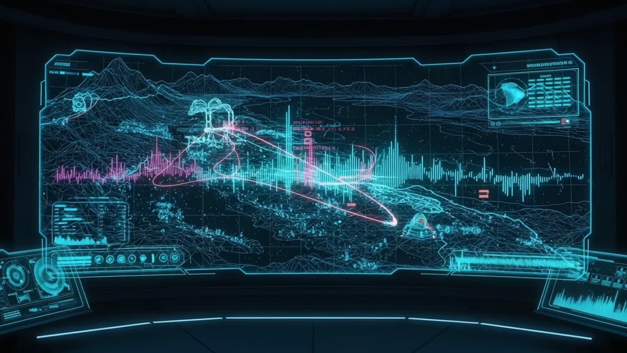 Futuristic Data Visualization Interface Showcasing Dynamic Analytics and Geographic Mapping with Vibrant Colors and Detailed Waveforms for Enhanced User Experience