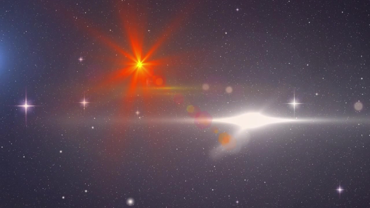 Animasi titik-titik cahaya berpendar dan bintang-bintang di atas latar belakang hitam