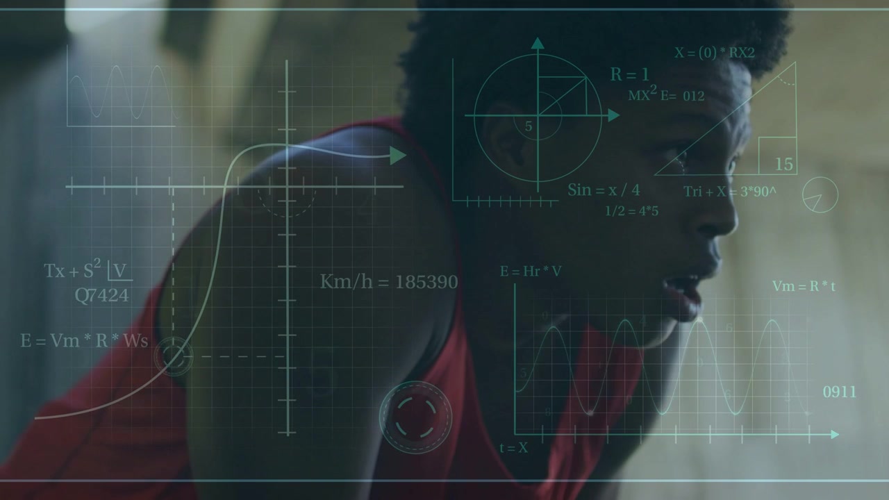Athlete hunching over breathing, camera pulling back starting HUD analyzing recovery speed metrics