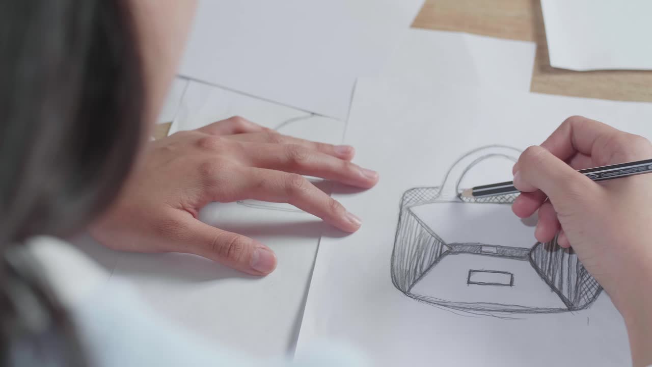 Close Up Of Woman Designer Sketching Hand Bag On The Layout Bond
