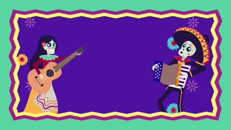 viva mexico animation with mariachi and catrina skulls characters