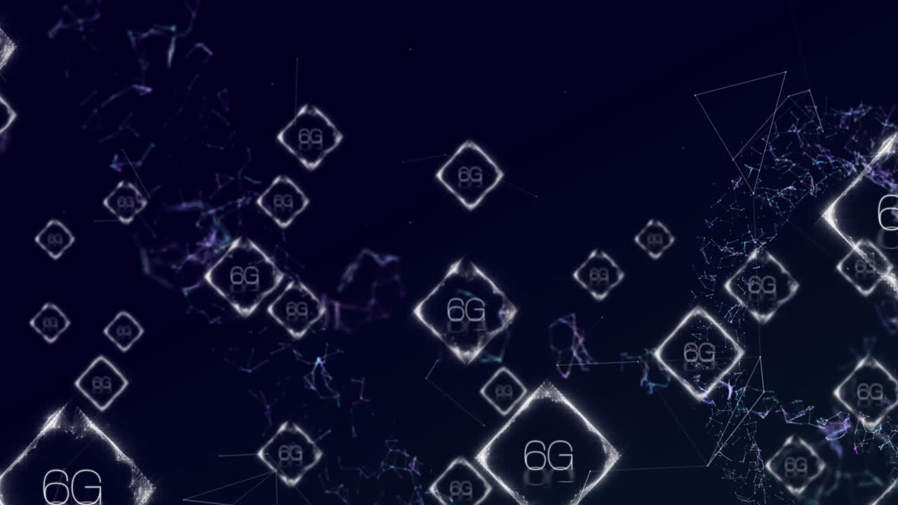 Animation of network of connections with 6g text over shapes