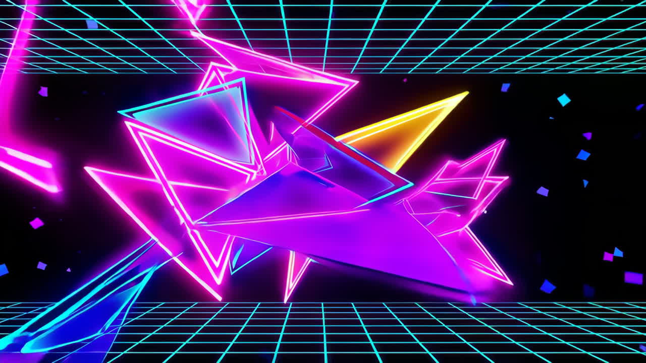 Triangoli geometrici neon vivaci su una griglia retrowave