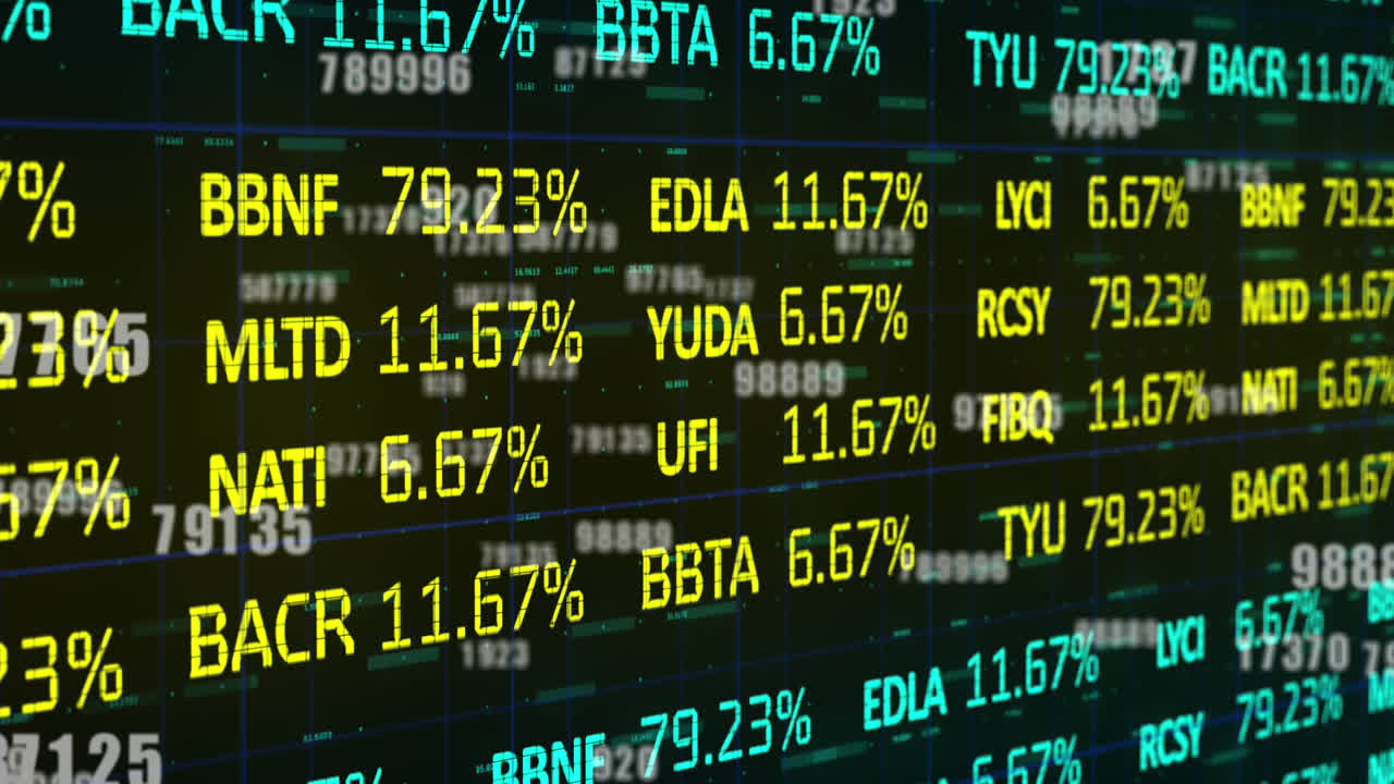 Animation of financial data processing on black background